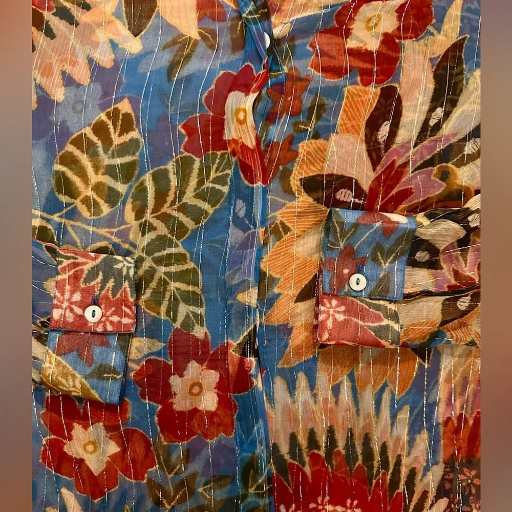 Farm Rio Floral Semi-Sheer Button Down Blouse XS - Picture 3 of 5